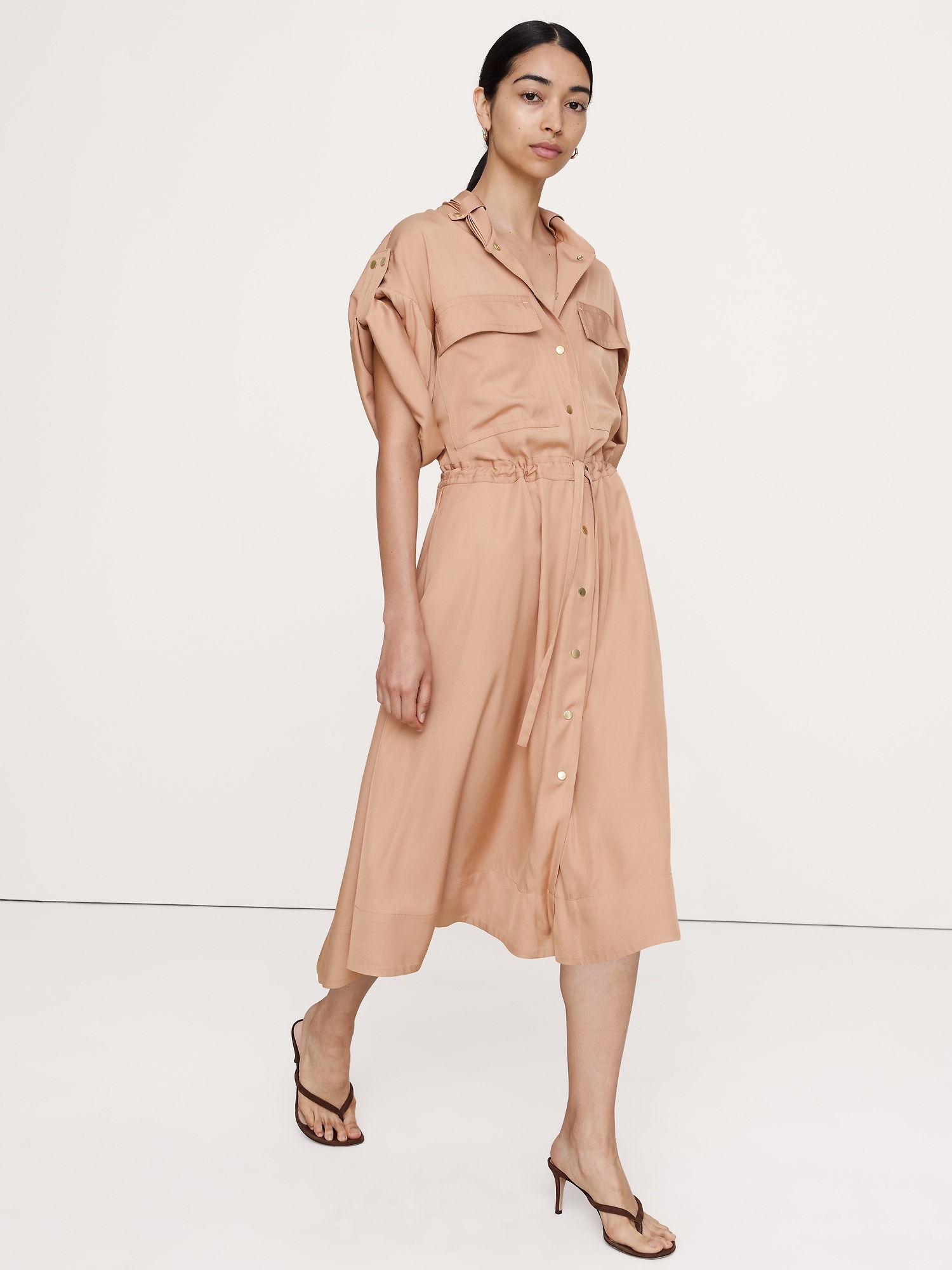 Image number 1 showing, Drapey Twill Midi Shirt Dress