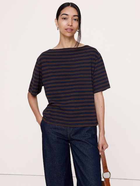 Cotton Slub Boat-Neck T-Shirt