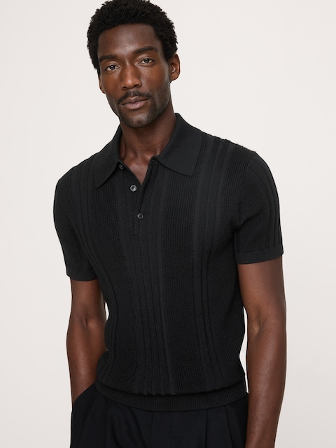 Merino-Cotton Texture Stripe Sweater Polo