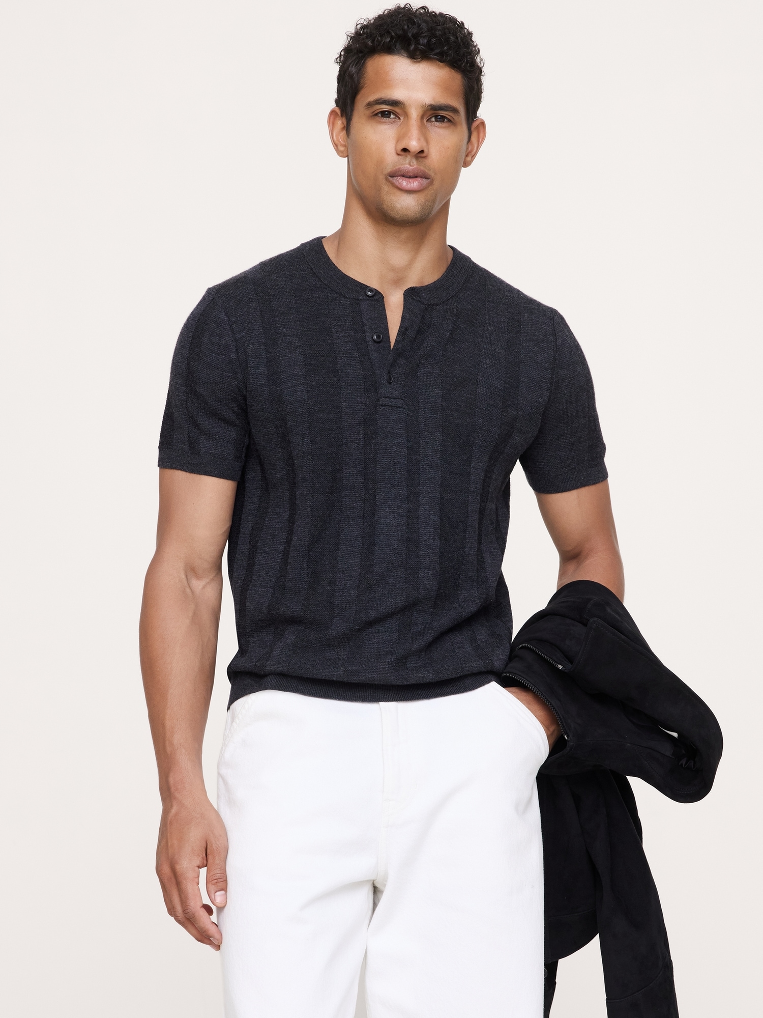 Image number 1 showing, Merino Short-Sleeve Henley Sweater