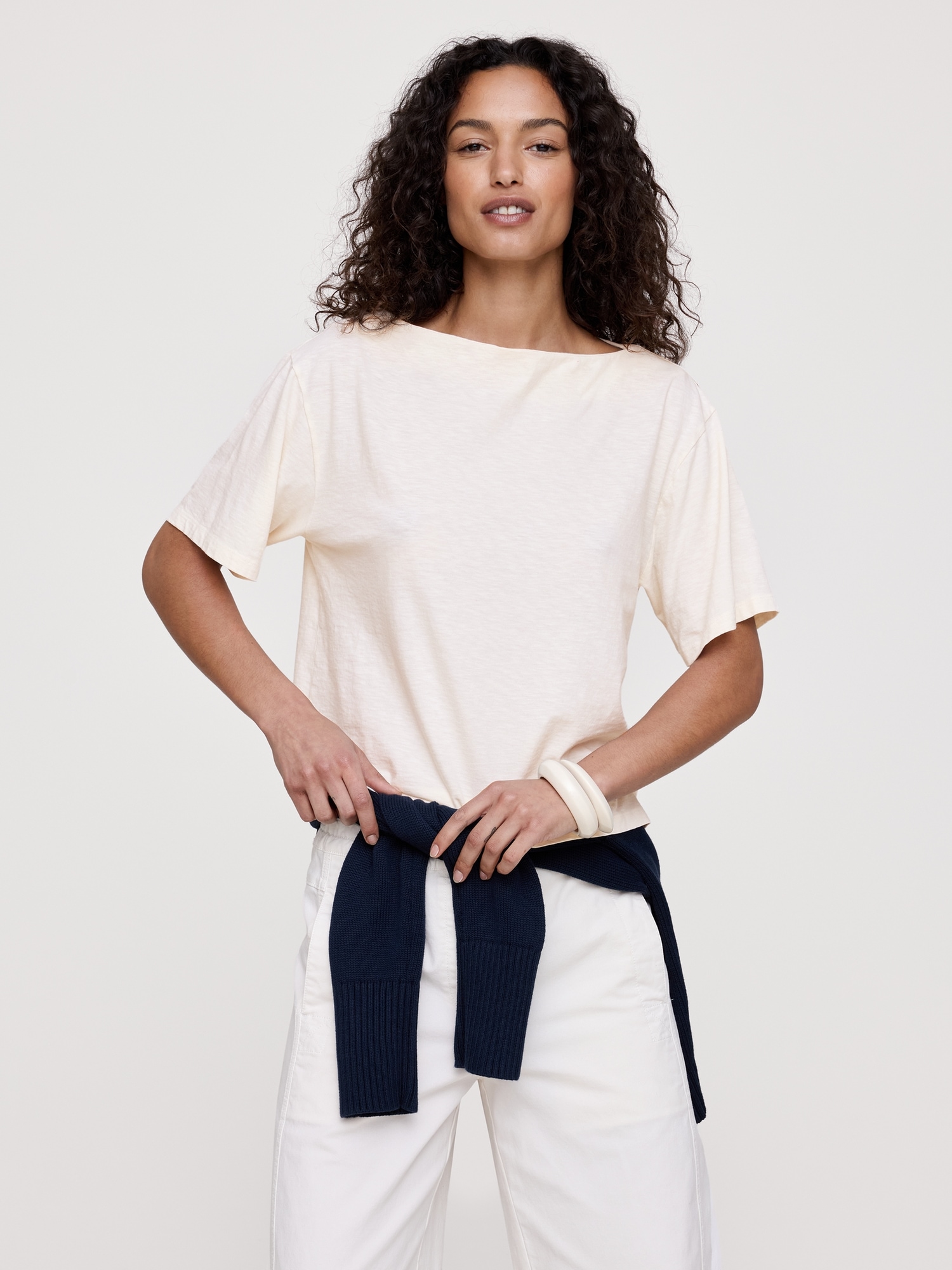Image number 1 showing, Cotton Slub Boat-Neck T-Shirt