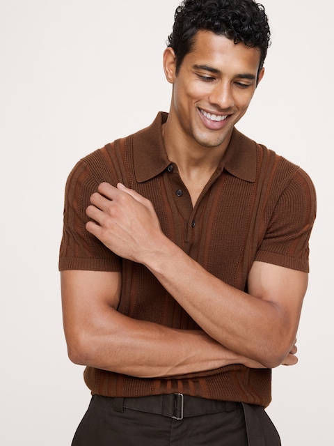 Merino-Cotton Texture Stripe Sweater Polo
