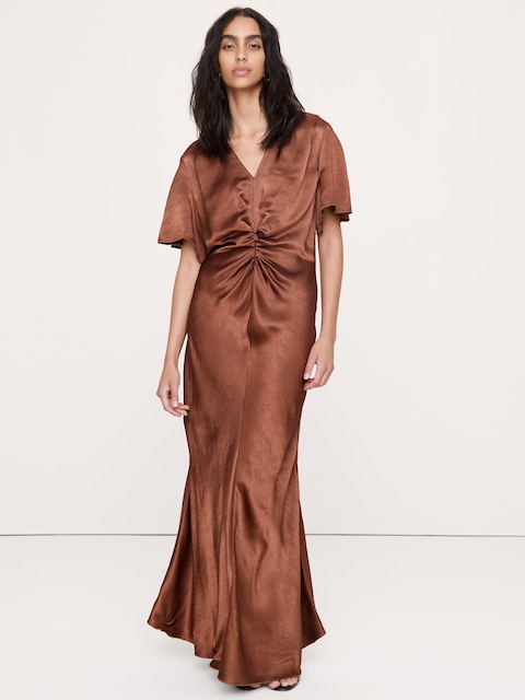 Hammered Satin Flutter-Sleeve Dress