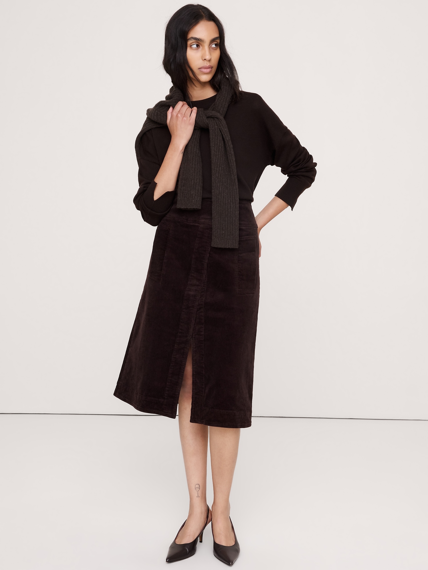 Corduroy Asymmetrical-Slit Midi Skirt - thumbnail 2