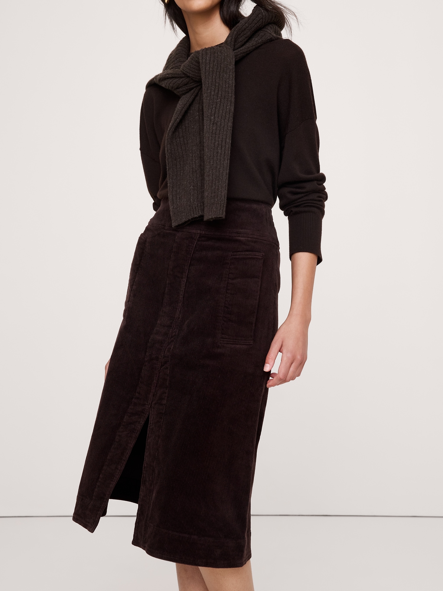 Corduroy Asymmetrical-Slit Midi Skirt - thumbnail 4