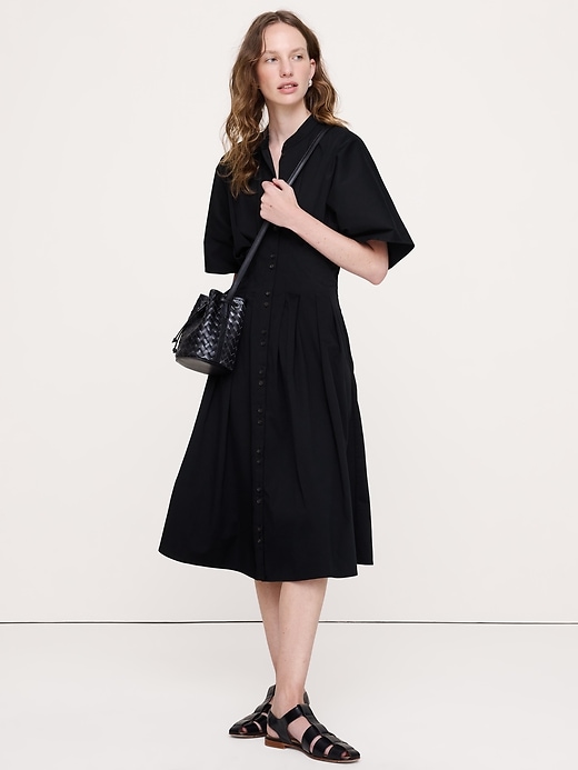 Image number 1 showing, Stretch-Cotton Pleated Midi Shirt Dress