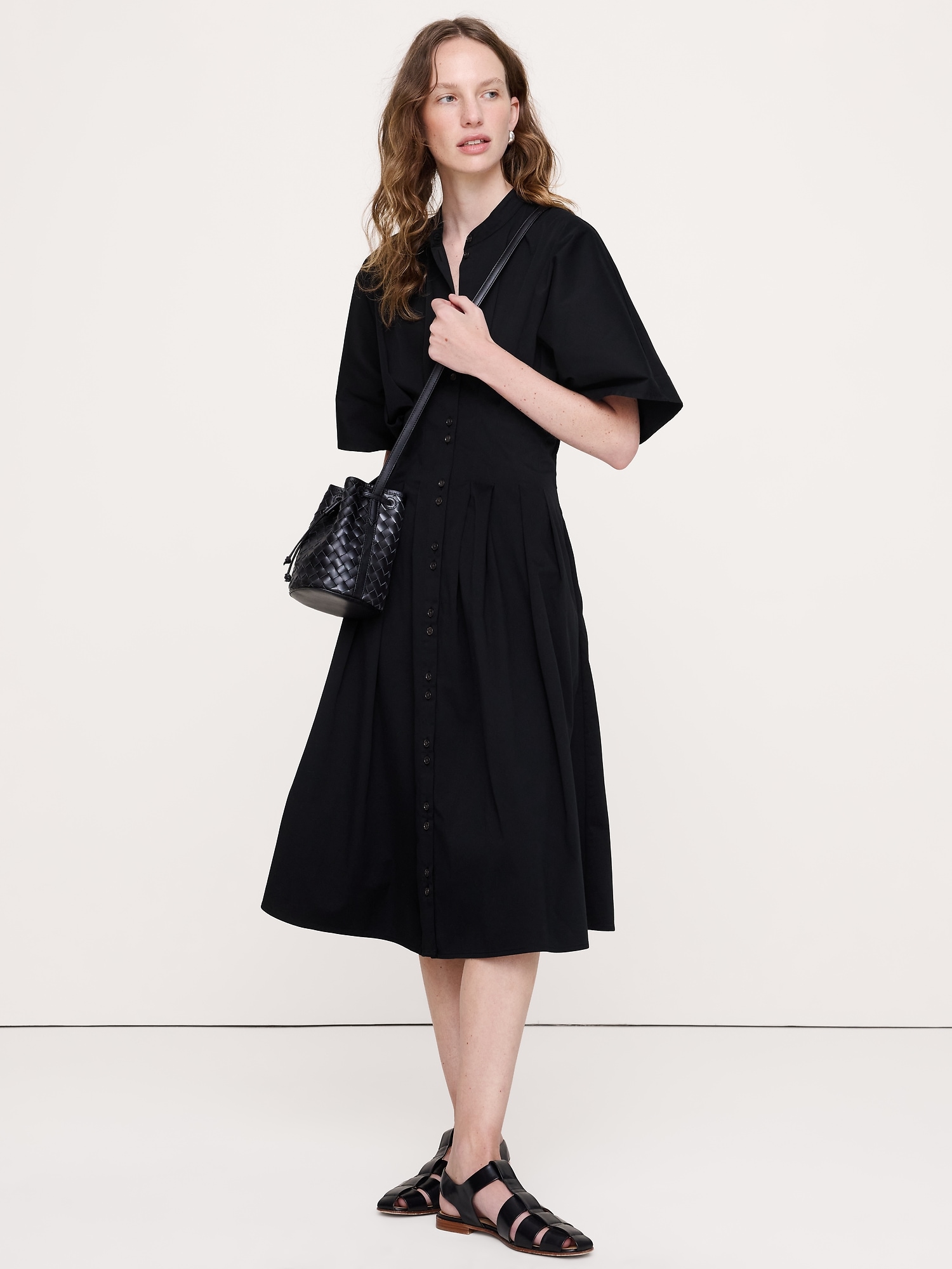 Image number 1 showing, Stretch-Cotton Pleated Midi Shirt Dress