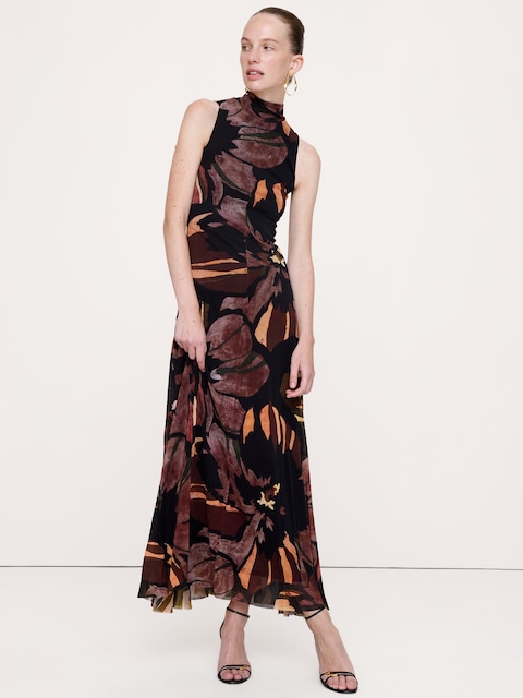 Mesh Tie-Neck Maxi Dress