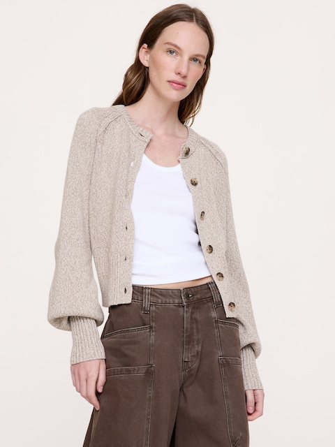 Larkspur Cotton-Silk Volume-Sleeve Cardigan - Alabaster Off