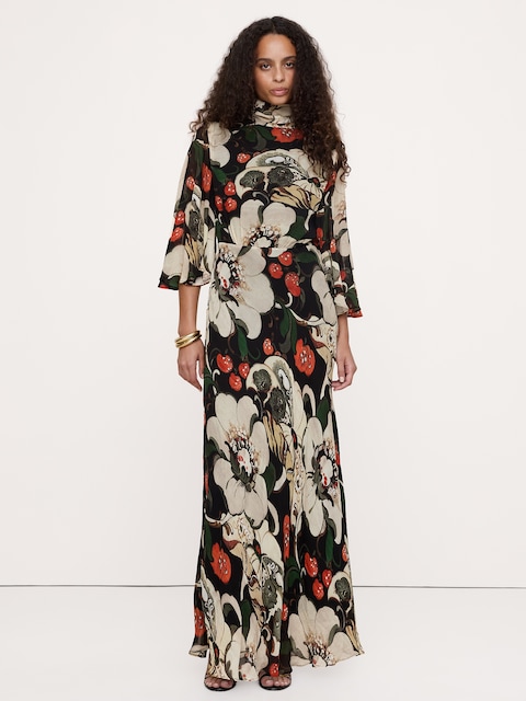 Georgette Flutter Cape-Sleeve Midi Dress