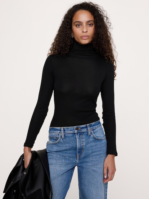Airy Cotton Long-Sleeve Mock-Neck T-Shirt
