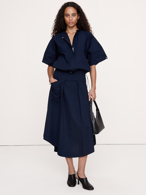 Stretch-Cotton Drop-Waist Midi Skirt