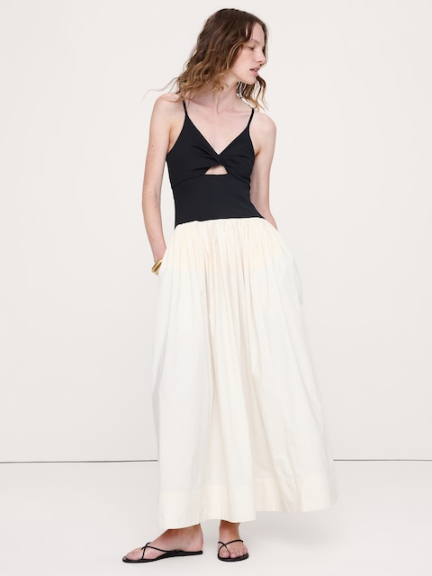 Jersey & Poplin Twist-Front Maxi Dress