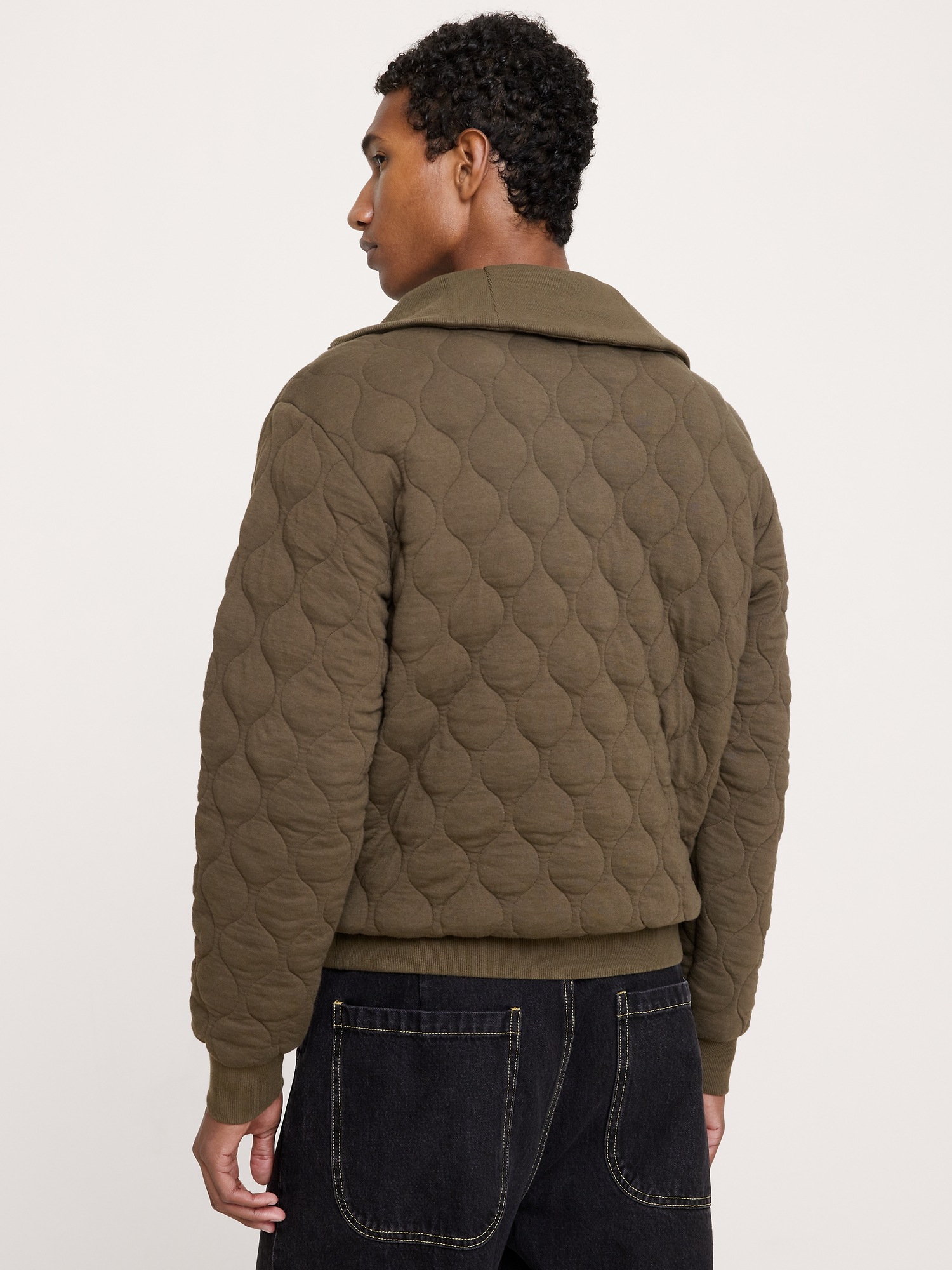 Мужской свитер Banana Republic Cotton Quilted Jacquard Quarter-Zip Pullover, цвет: Оливковый зелёный — фото 2