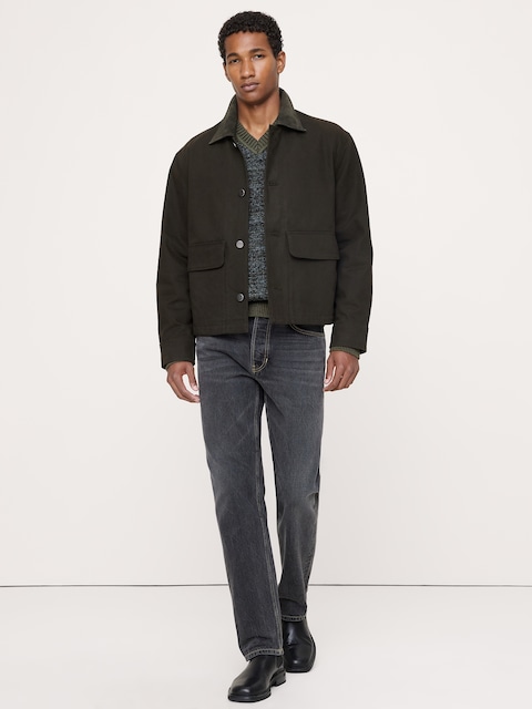 Waxed Cotton Twill Utility Jacket with Suede Collar