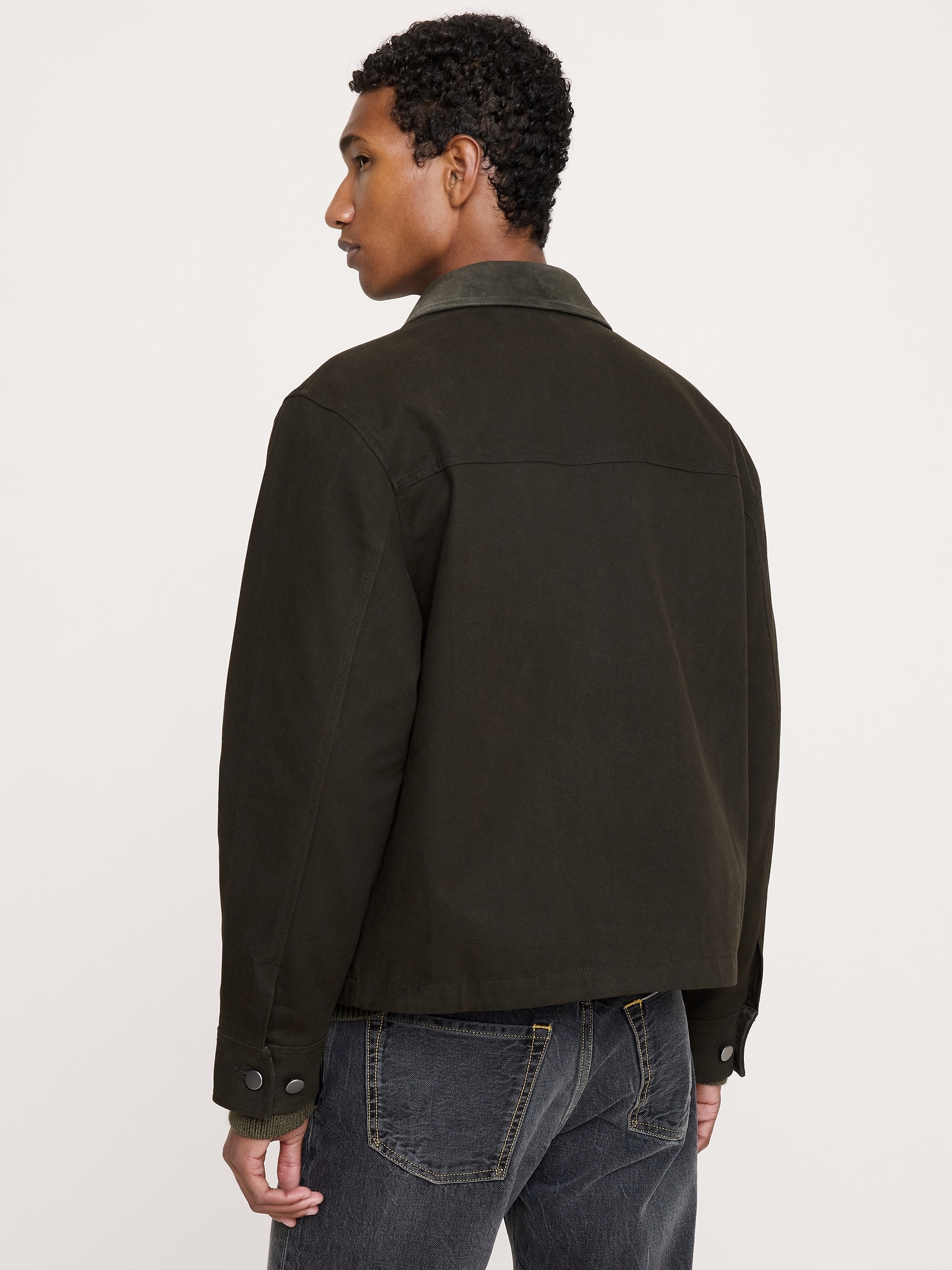 Waxed Cotton Twill Utility Jacket with Suede Collar - thumbnail 2
