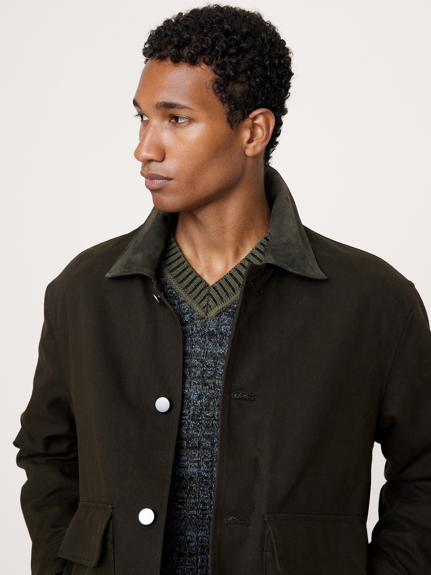 Waxed Cotton Twill Utility Jacket with Suede Collar - thumbnail 3