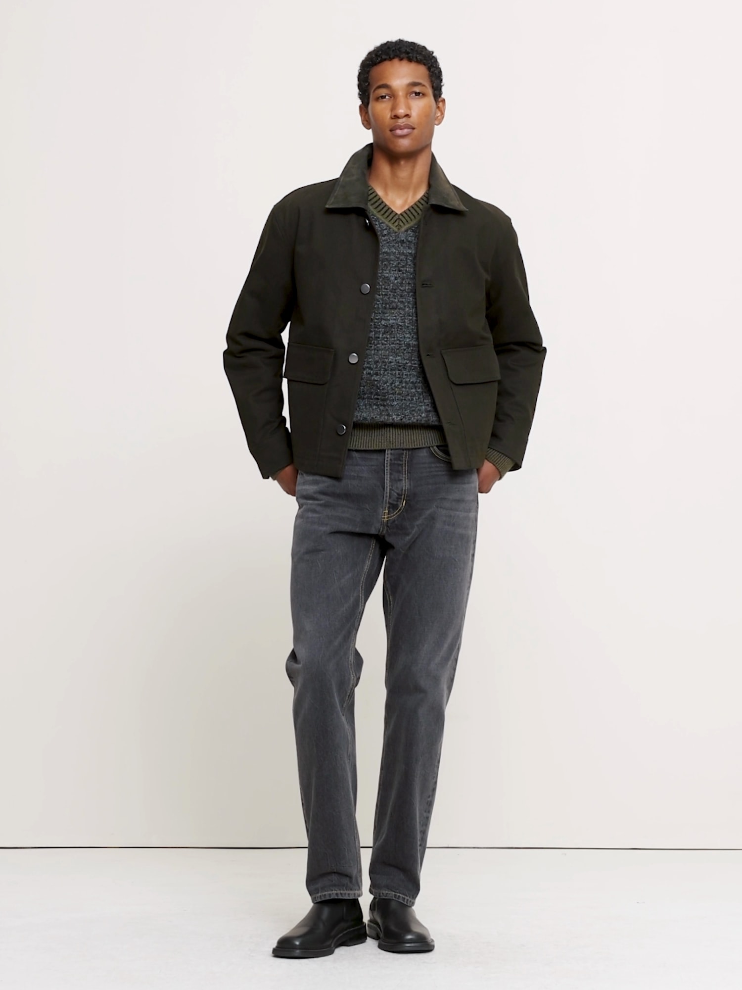Waxed Cotton Twill Utility Jacket with Suede Collar - thumbnail 9