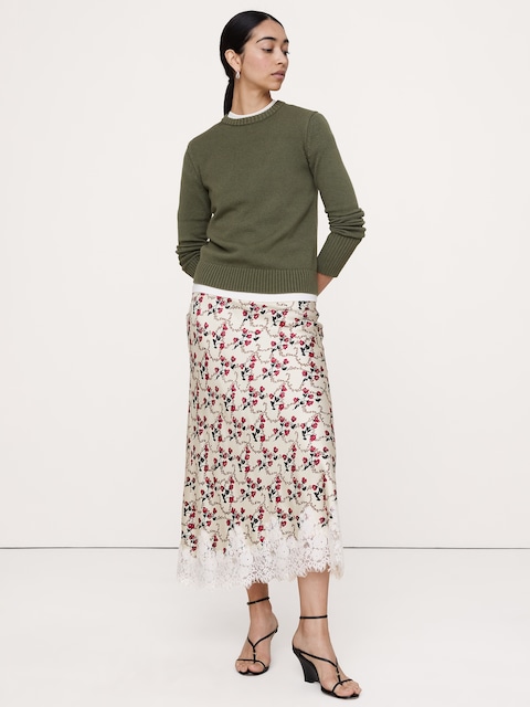 Stretch-Satin Lace Trim Midi Skirt