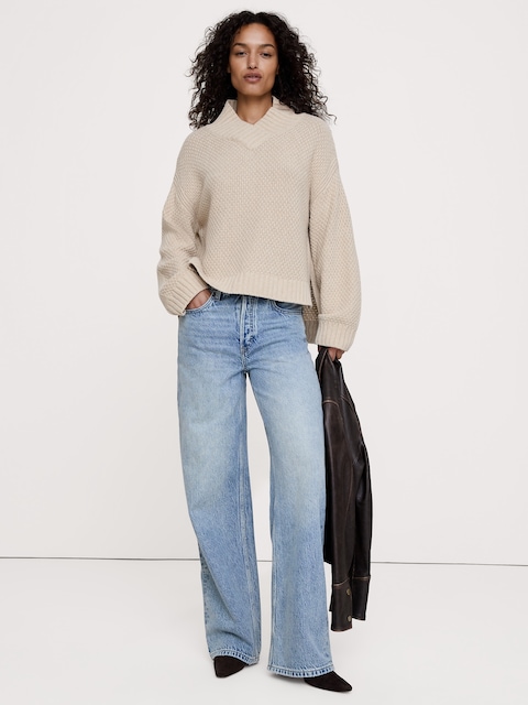 Oversized Merino-Cotton High V-Neck Sweater
