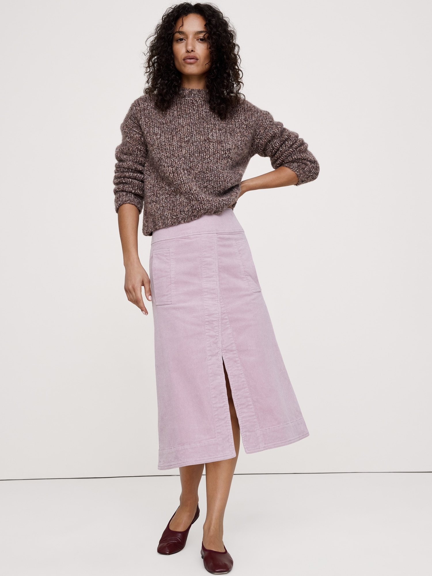 Corduroy Asymmetrical-Slit Midi Skirt