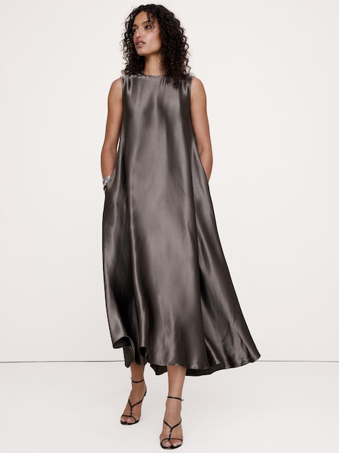 Italian Satin Sleeveless Trapeze Dress