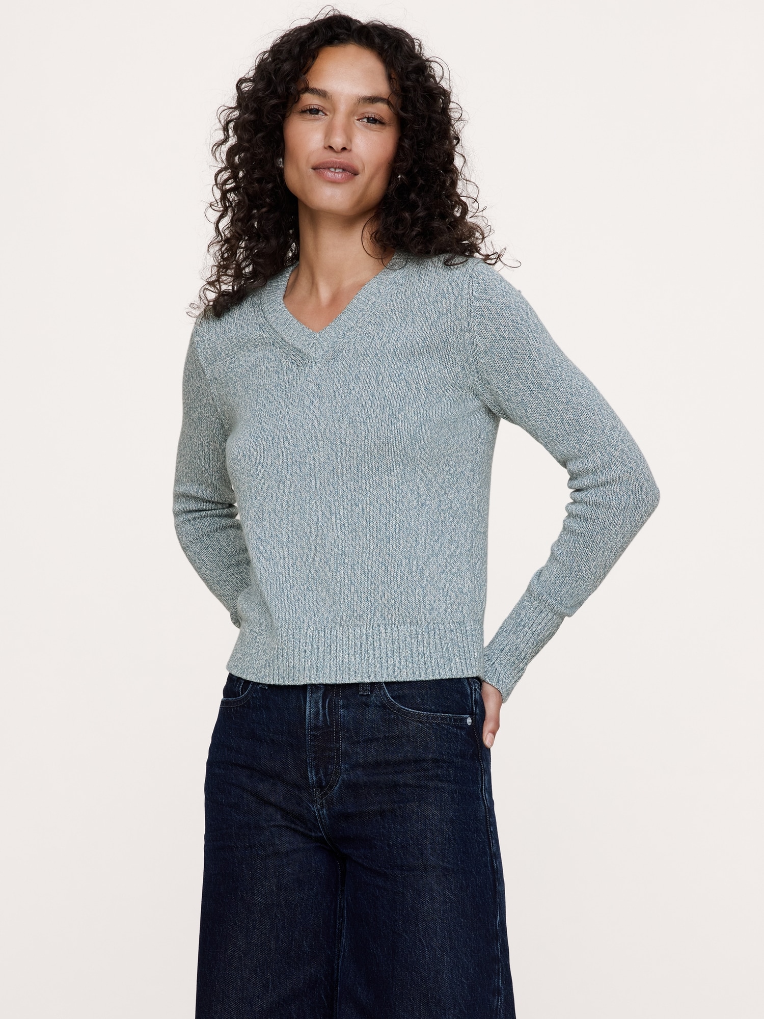 Женский свитер Banana Republic Larkspur Cotton-Silk V-Neck, цвет: Синий меланжевый