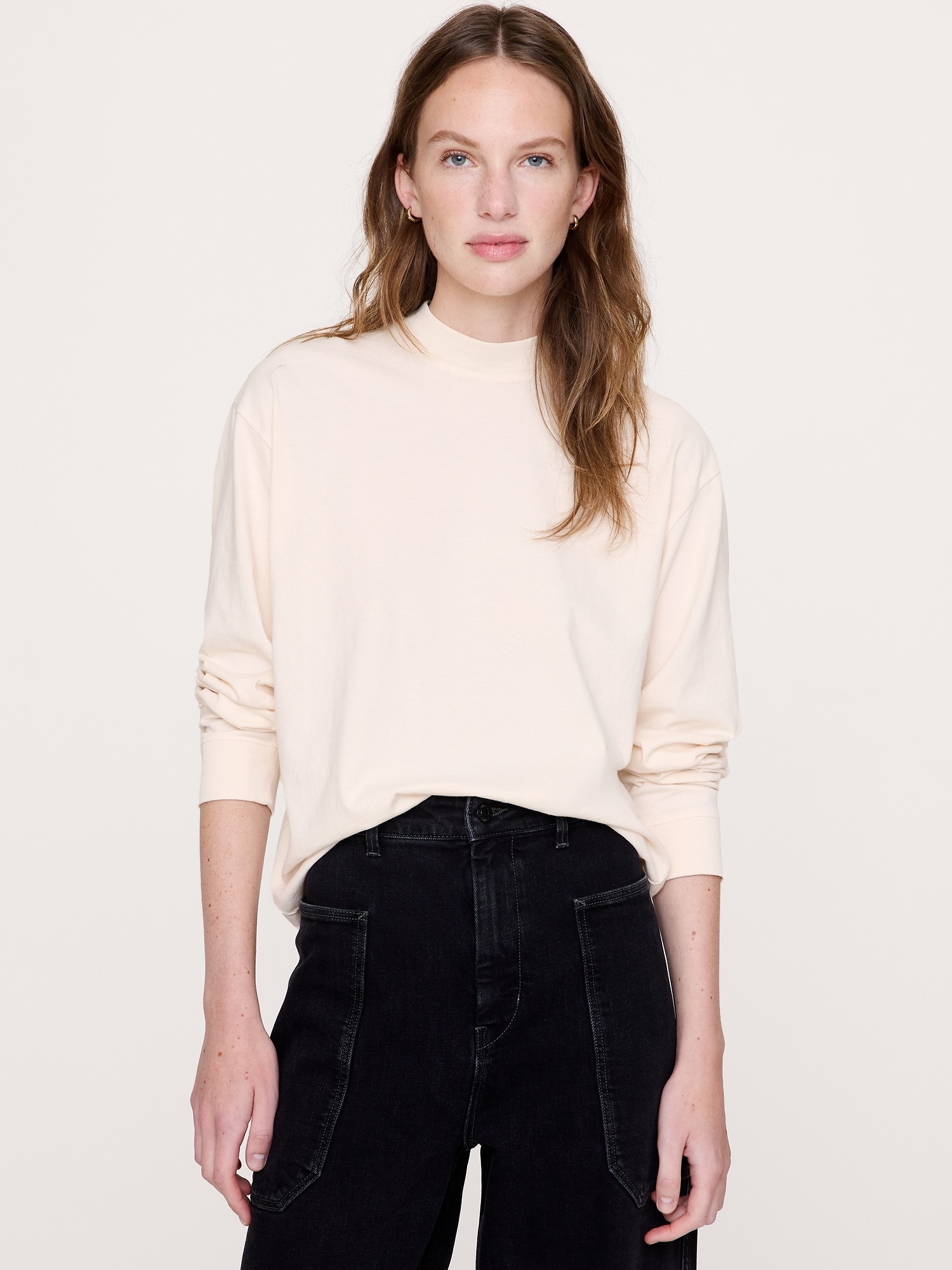 Женская футболка Banana Republic Vintage Cotton Long-Sleeve Mock-Neck, цвет: Алебастровый молочно-белый