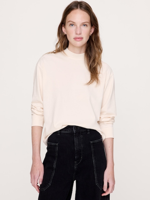 Vintage Cotton Long-Sleeve Mock-Neck T-Shirt - Alabaster Off