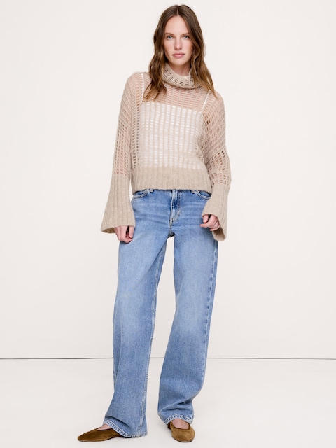 Italian Open-Stitch Funnel-Neck Sweater