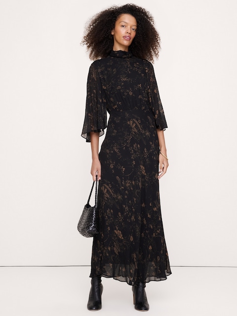 Georgette Flutter Cape-Sleeve Midi Dress