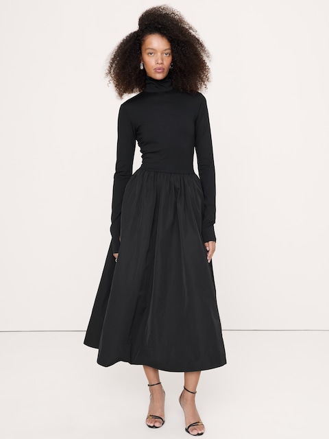 Jersey + Taffeta Turtleneck Maxi Dress