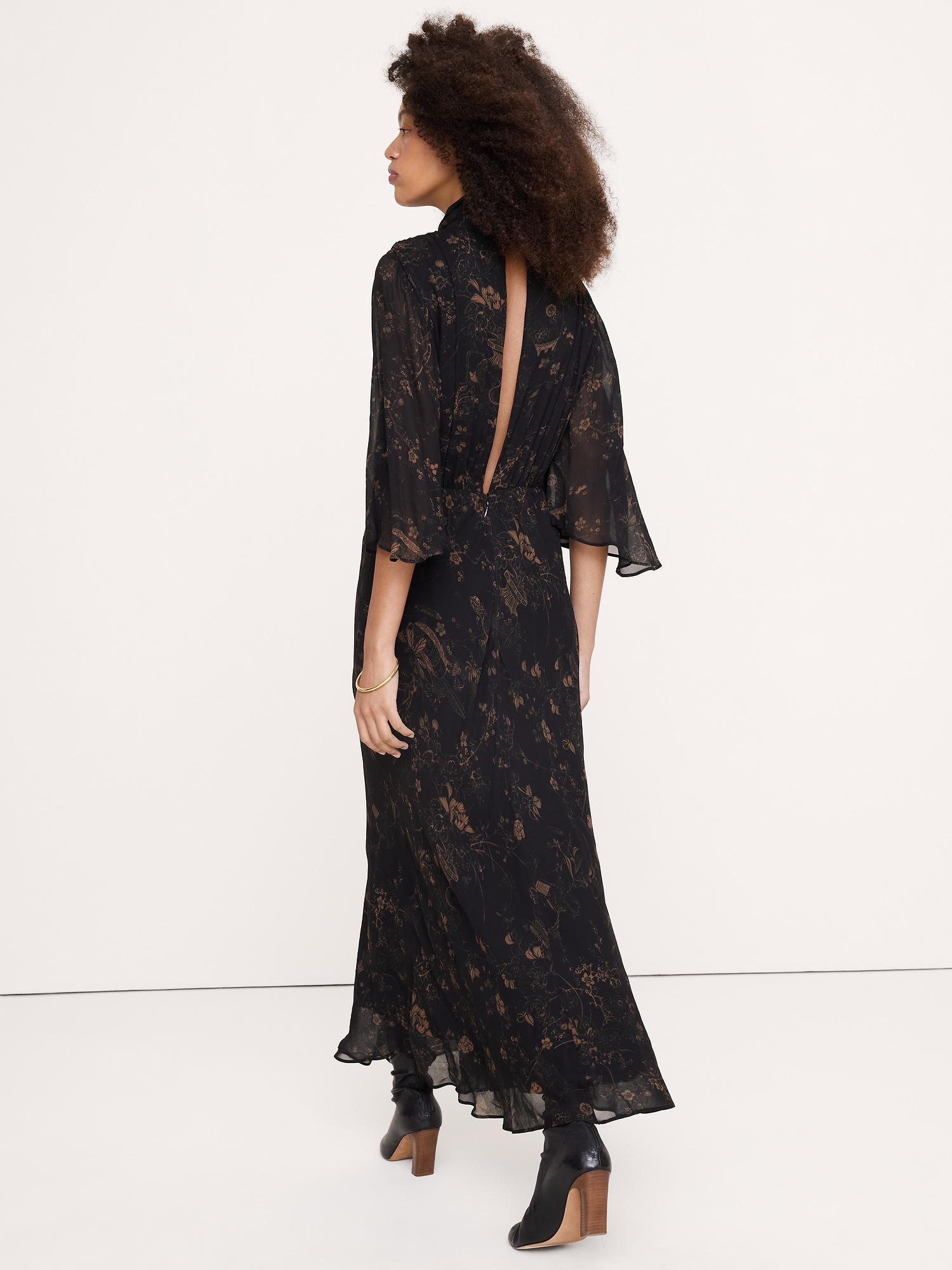 Georgette Flutter Cape-Sleeve Midi Dress