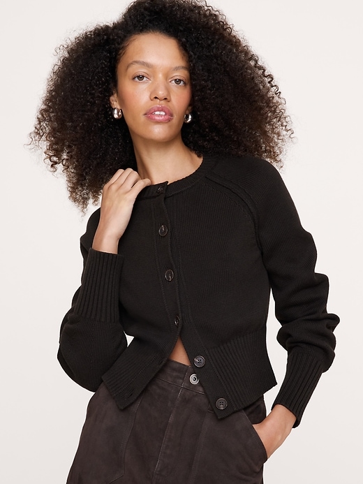 トップス Silk Cotton Cardigan BLK F Larkspur Cotton-Silk Volume-Sleeve Cardigan | Banana Republic