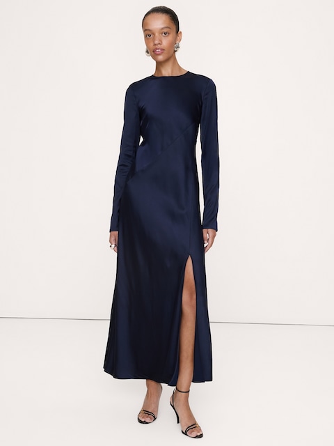 Bias-Cut Stretch-Satin Maxi Dress with Slit