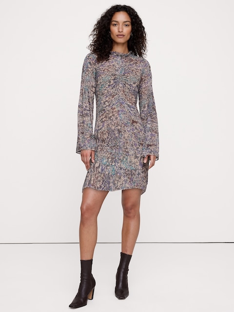 Georgette Ruffle-Neck Mini Dress