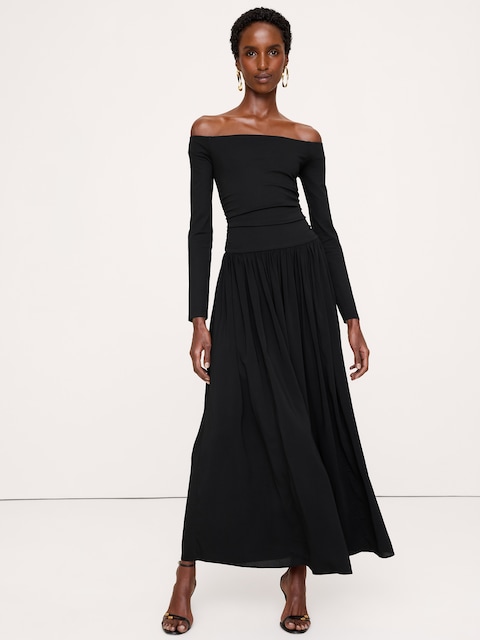 Jersey + Georgette Off-Shoulder Maxi Dress