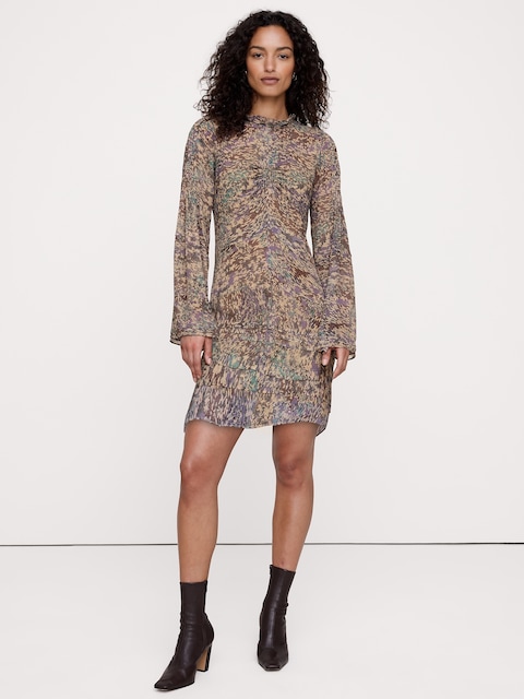 Georgette Ruffle-Neck Mini Dress