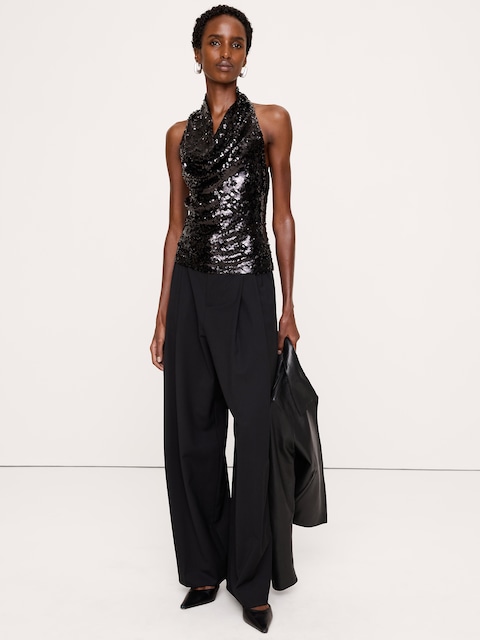 Draped Sequin Cowl-Neck Tank