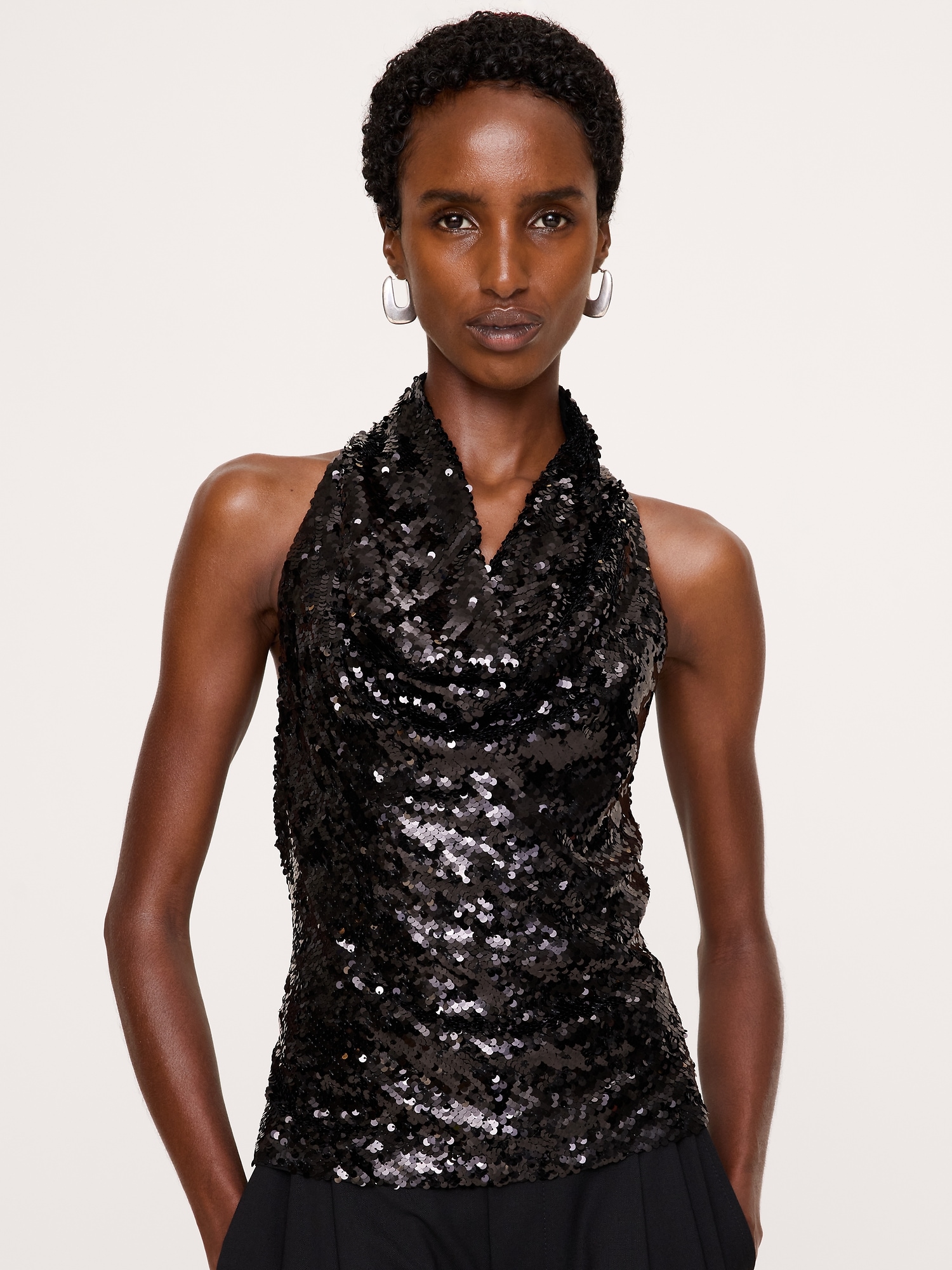 Draped Sequin Cowl-Neck Tank