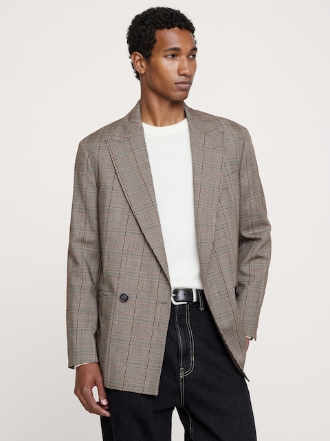 Relaxed Double-Breasted Italian Glen Plaid Suit Jacket