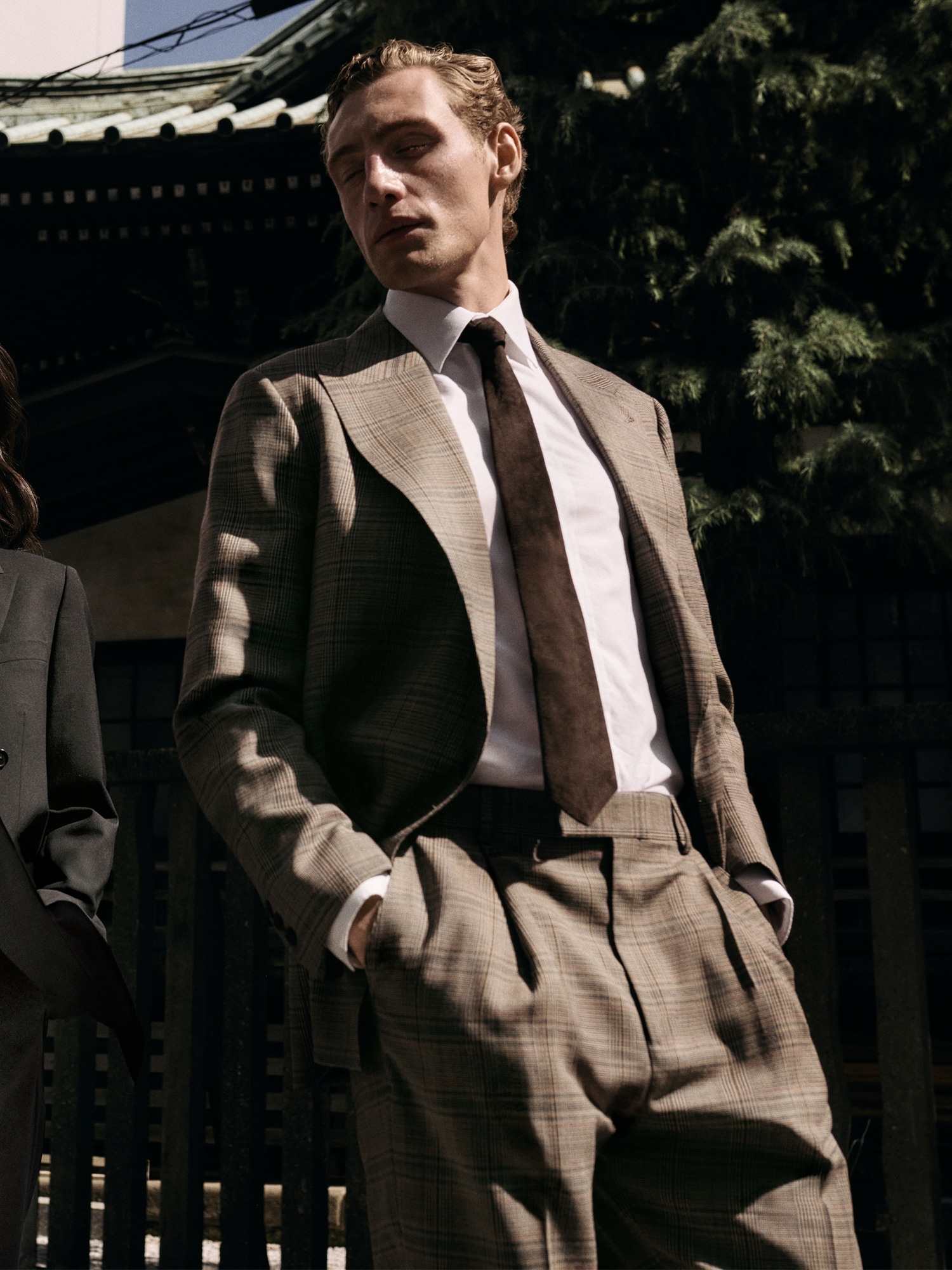 Relaxed Double-Breasted Italian Glen Plaid Suit Jacket