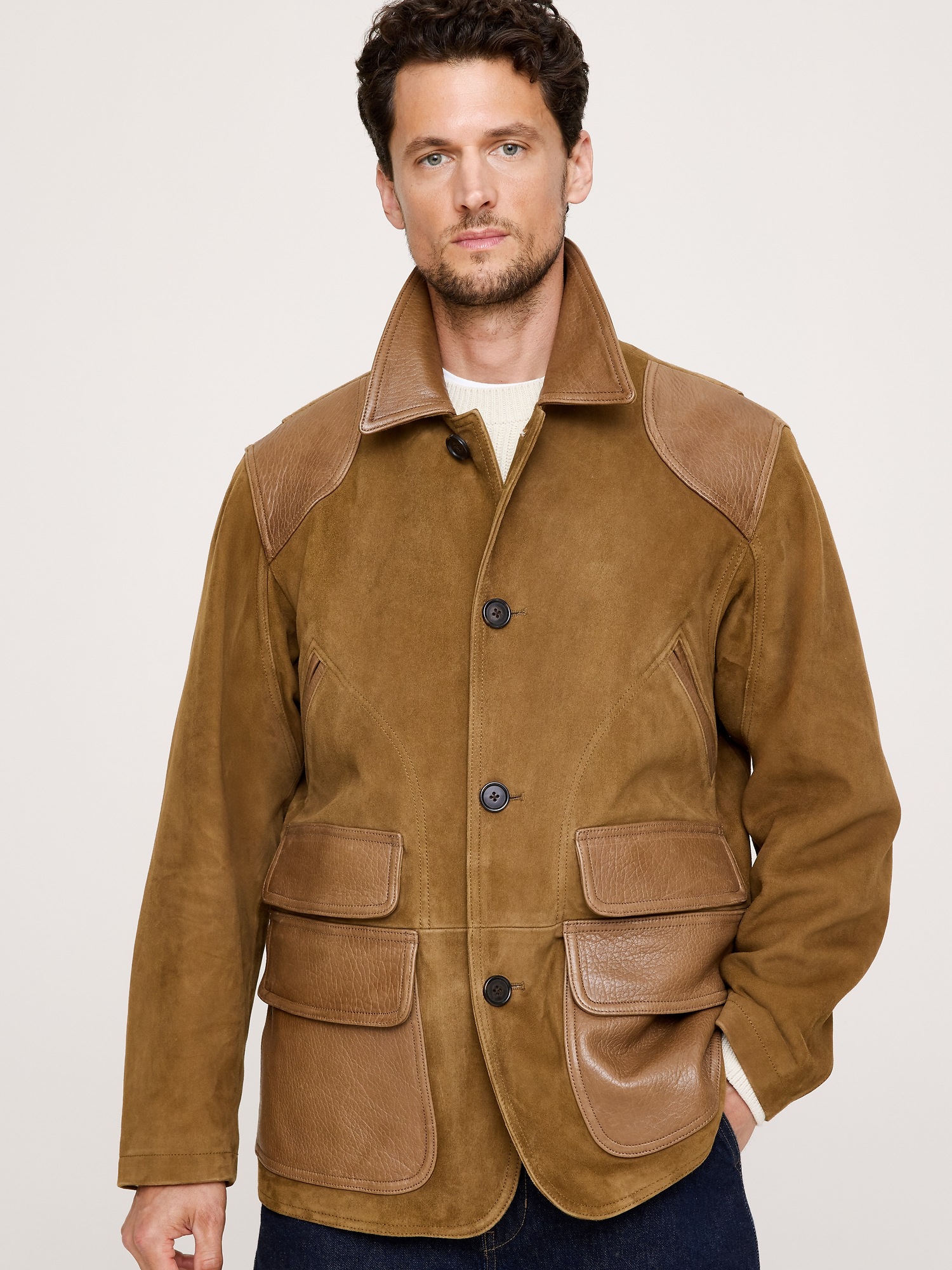 Мужское пальто Banana Republic Suede Barn Coat with Leather Trim, цвет: Жёлтый — фото 3