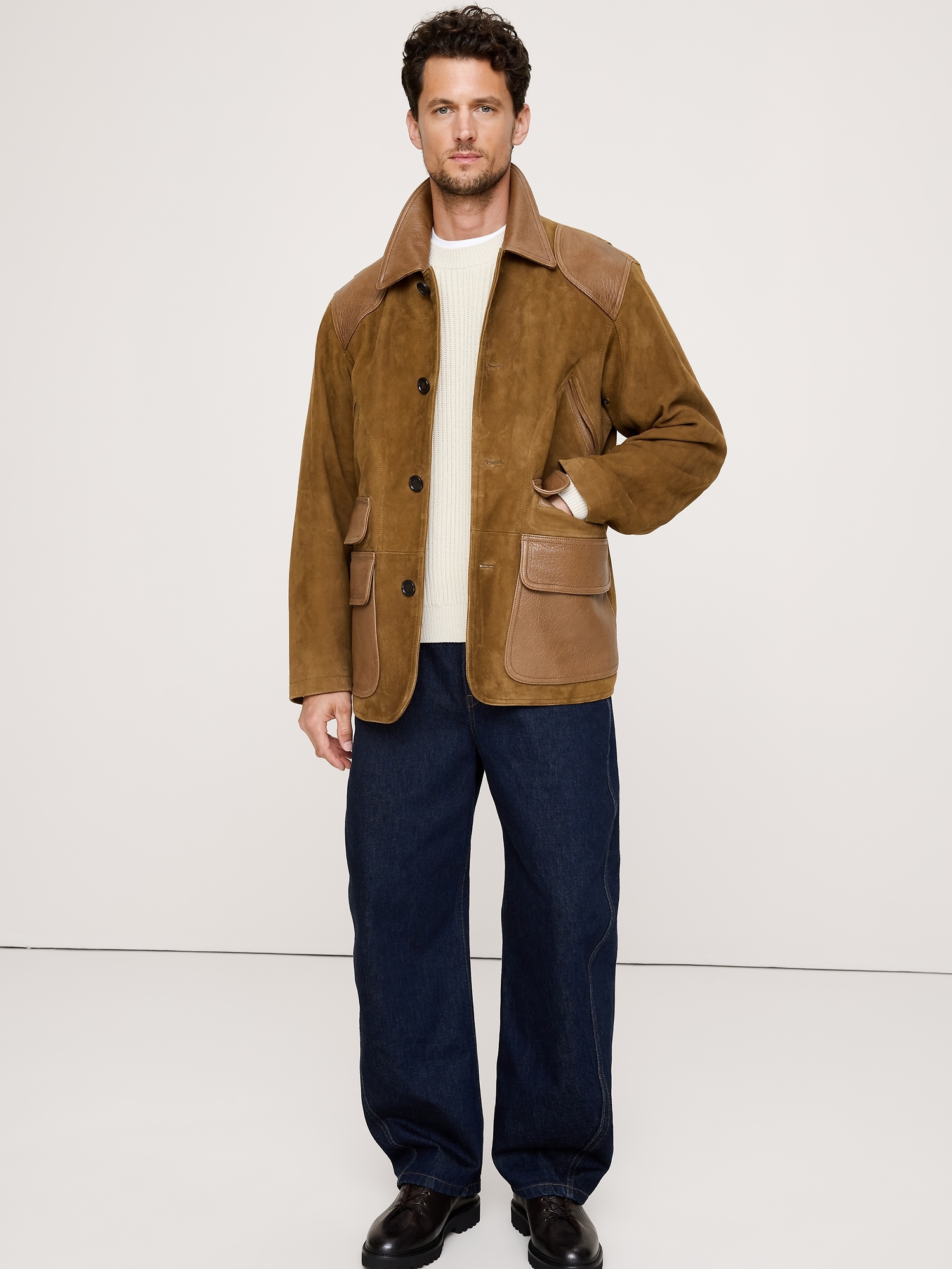 Suede Barn Coat with Leather Trim