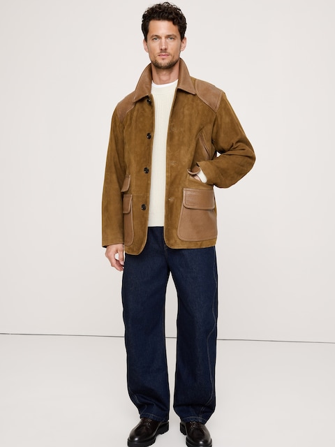 Suede Barn Coat with Leather Trim