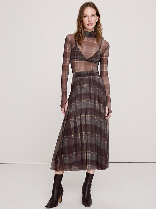 Mesh Pleated Midi Skirt