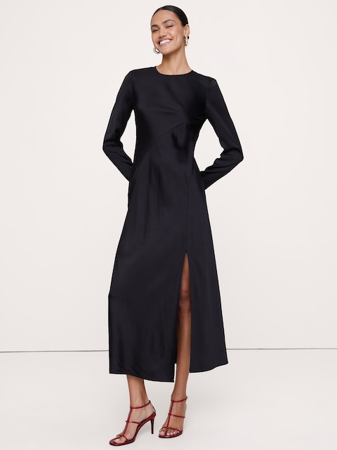 Bias-Cut Stretch-Satin Maxi Dress with Slit
