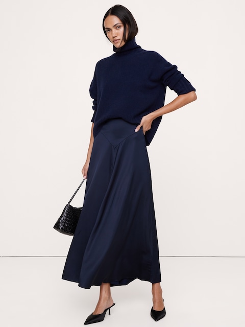 Stretch-Satin Basque-Waist Maxi Skirt