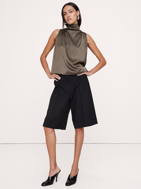 Satin-Stretch Tie-Neck Top
