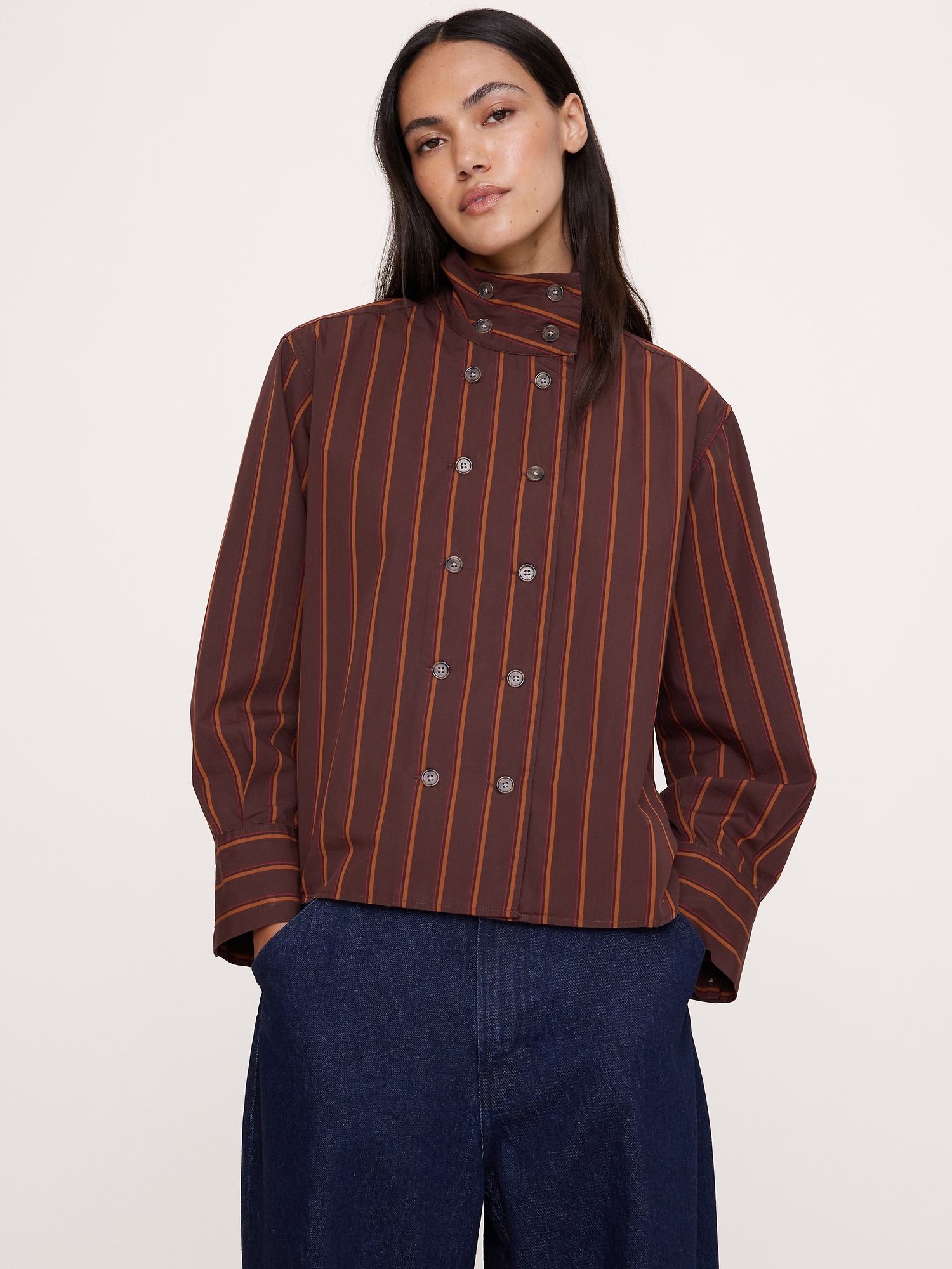 Женская рубашка Banana Republic Cotton Foldover Collar, цвет: Каштаново-рыжий полосатый — фото 3